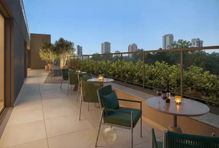 Lounge externo descoberto para convivência do condomínio Core Klabin no bairro da Chácara Klabin, São Paulo