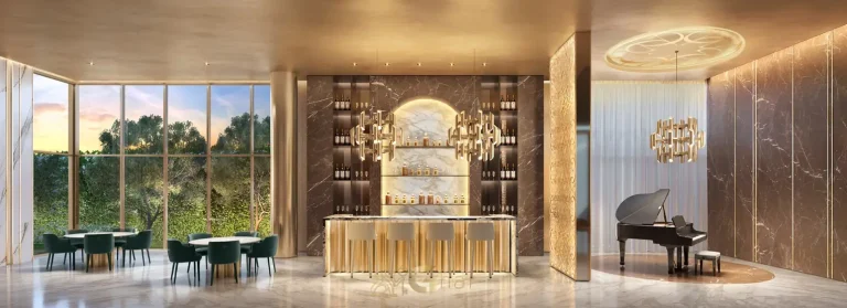 Lounge com piano bar do condomínio Saffire by Elie Saab no bairro de Moema, São Paulo