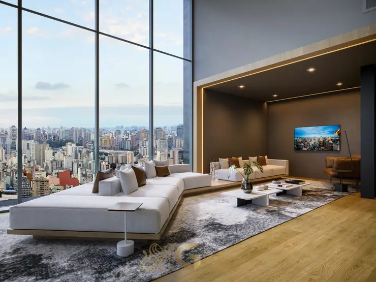 Lounge no rooftop do condomínio Nik Sunset Paulista no bairro da Bela Vista em São Paulo