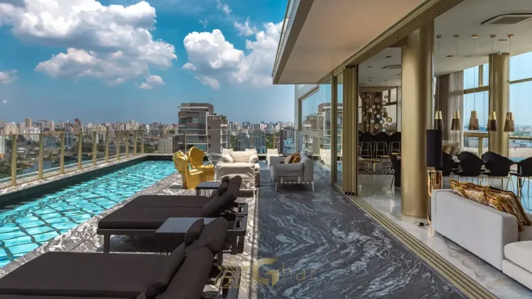 Lounge do rooftop em studios no bairro de Moema, São Paulo