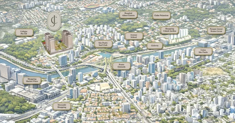 Mapa de localização e pontos de referência do condomínio Château Jardin Harmonie na Cidade Jardim, São Paulo