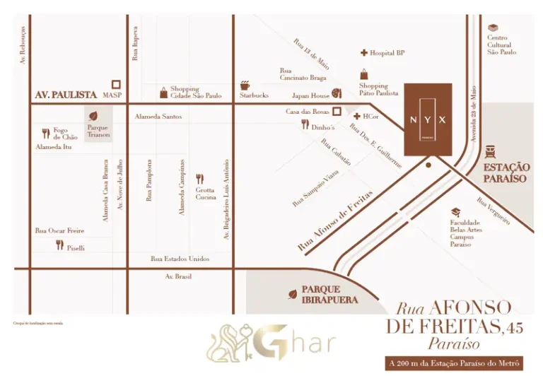 Mapa do bairro em apartamentos no bairro do Paraíso, São Paulo