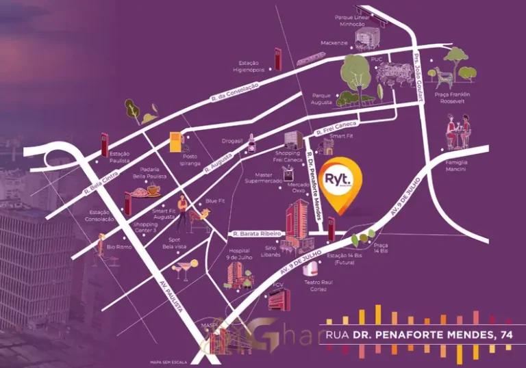 Mapa de localização do condomínio RYT Paulista no bairro da Bela Vista, São Paulo