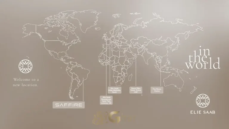 Mapa-múndi dos empreendimentos assinados pela grife Elie Saab do condomínio Saffire by Elie Saab em Moema, São Paulo