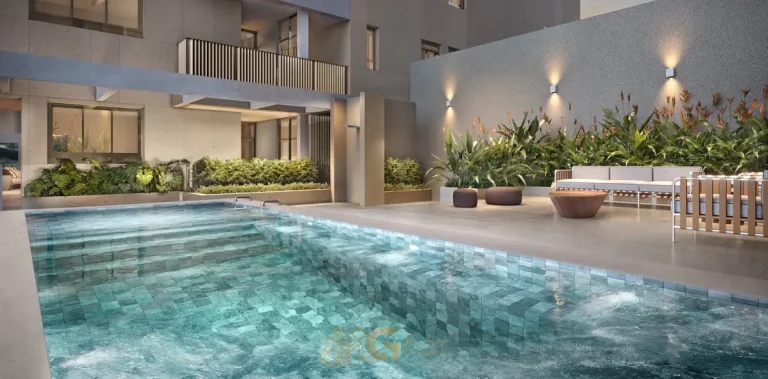 Piscina externa com design exclusivo do condomínio Bueno Brandão 257 na Vila Nova Conceição em São Paulo