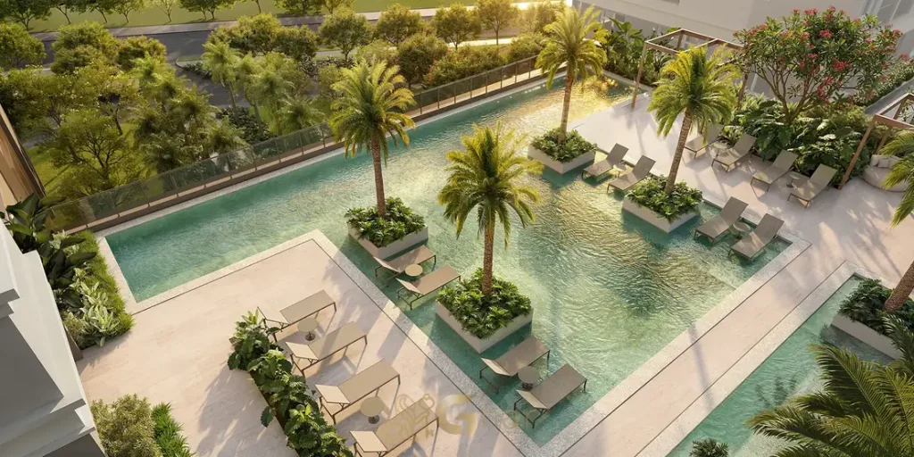 Piscina com raia de 25 metros do condomínio Jardim da Hípica Apartaments no bairro do Alto da Boa Vista, São Paulo