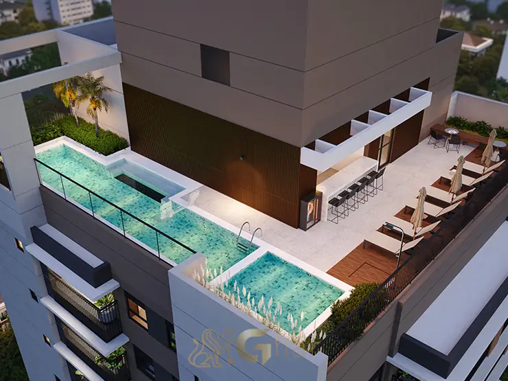 Piscina no rooftop em condomínio residencial no bairro do Paraíso, na Zona Sul de São Paulo