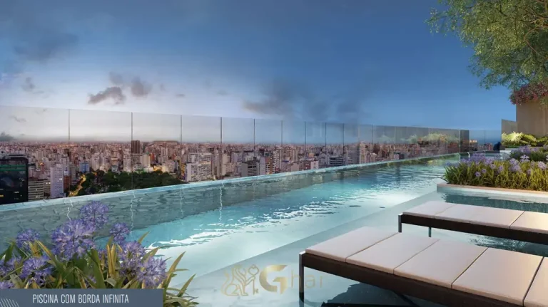 Vista lateral da piscina no rooftop do condomínio Ária Higienópolis no bairro de Higienópolis, São Paulo