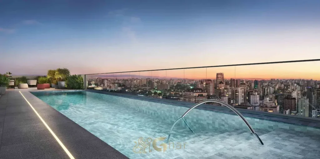 Piscina com borda infinita no rooftop do condomínio Tièl Vila Nova Conceição no bairro da Vila Nova Conceição, São Paulo