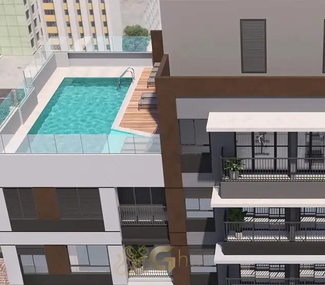 Piscina no rooftop do condomínio Wire Capote Valente no bairro de Pinheiros, São Paulo