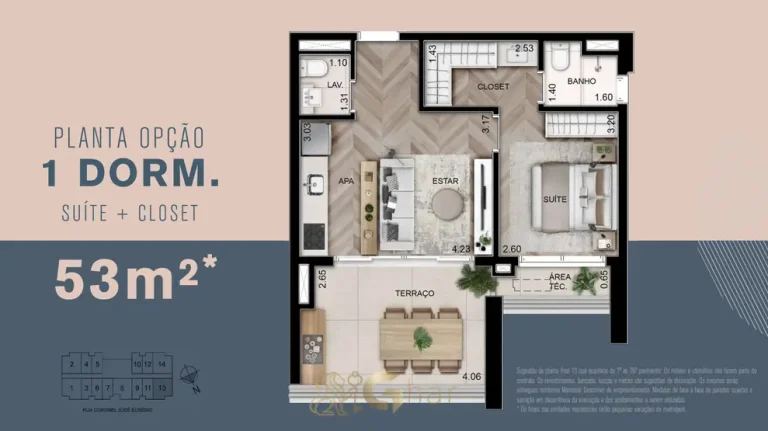 Segunda opção de planta do apartamento de 1 dormitório de 53 m² do condomínio Ária Higienópolis no bairro de Higienópolis, São Paulo