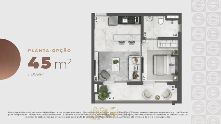 Planta do apartamento de 1 dormitório com 45 m² em condomínio residencial no bairro da Praça da Árvore, na Zona Sul de São Paulo