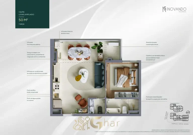 Planta do 1 dorm. com living ampliado de 50 m² do condomínio Vert Vila Nova no bairro da Vila Nova Conceição, São Paulo