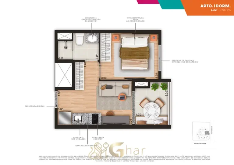 Planta do apartamento de 1 dormitório de 26 m² (final 5) em apartamentos no bairro da Bela Vista, São Paulo
