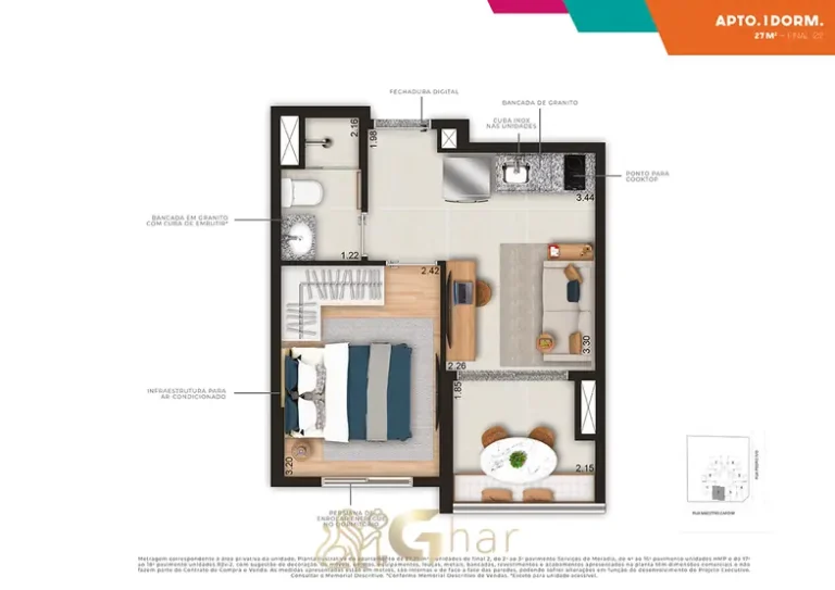 Planta do apartamento de 1 dormitório de 27 m² (final 2) em condomínio residencial no bairro da Bela Vista, no Centro de São Paulo