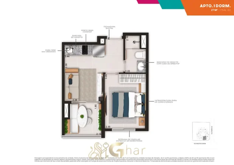 Planta do apartamento de 1 dormitório de 27 m² (final 3) do condomínio Mod Paulista no bairro da Bela Vista em São Paulo