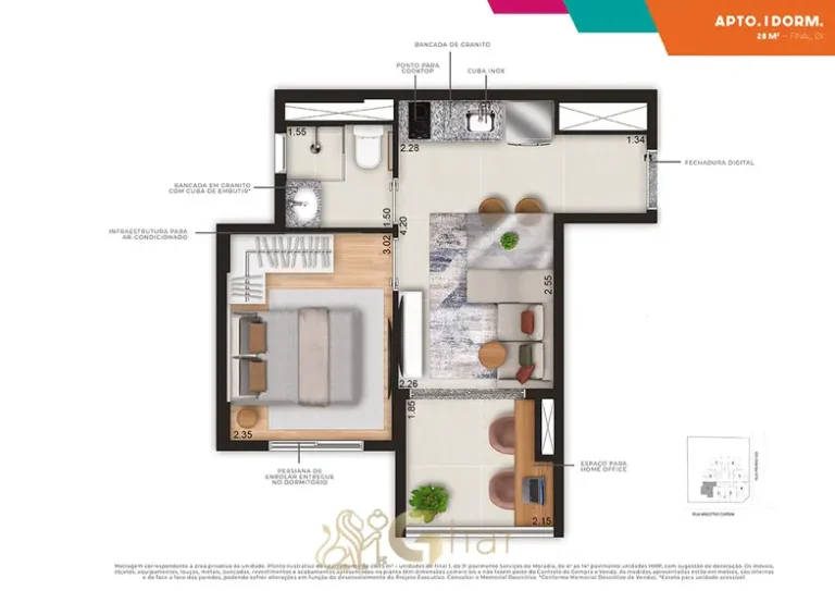 Planta do apartamento de 1 dormitório de 28 m² (final 1) em apartamentos no bairro da Bela Vista, São Paulo