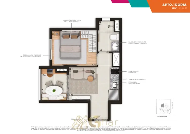 Planta do apartamento de 1 dormitório de 28 m² (final 7) em condomínio residencial no bairro da Bela Vista, no Centro de São Paulo