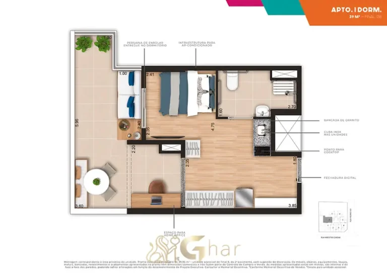 Planta do apartamento de 1 dormitório de 39 m² (final 8) do condomínio Mod Paulista no bairro da Bela Vista em São Paulo