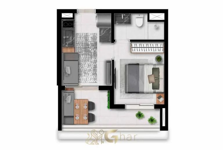 Planta do apartamento de 1 dormitório de 30 m² em apartamentos no bairro do Paraíso, São Paulo