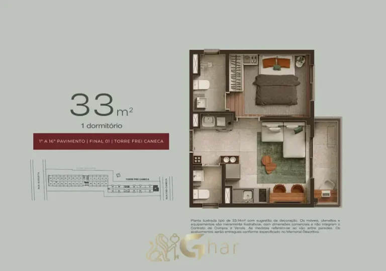 Planta do 1 dormitório de 33 m² com terraço em apartamentos no bairro da Consolação, São Paulo
