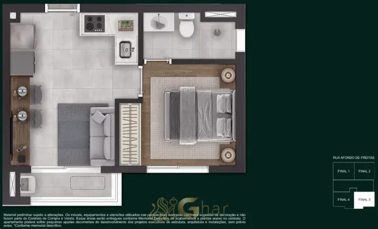 Planta do apartamento de 1 dormitório com 28 m² do condomínio Nyx Paraíso no bairro do Paraíso, São Paulo