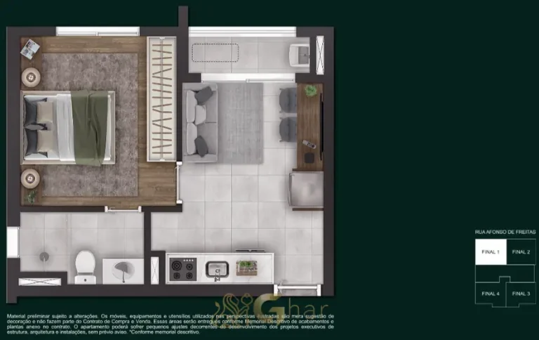 Planta do apartamento de 1 dormitório com 31 m² em apartamentos no bairro do Paraíso, São Paulo