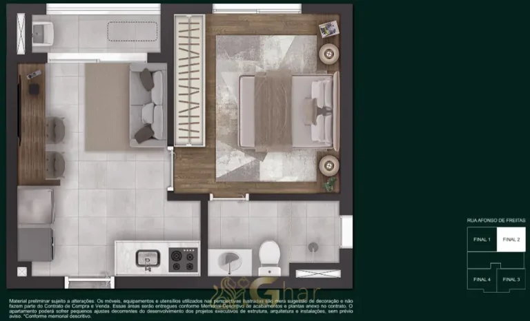 Planta do apartamento de 1 dormitório com 31 m² em outra opção em condomínio residencial no bairro do Paraíso, na Zona Sul de São Paulo