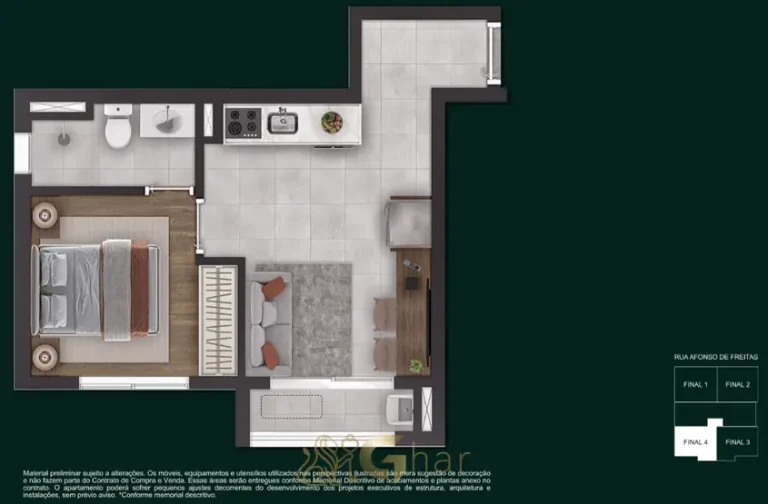 Planta do apartamento de 1 dormitório com 31 m² em outro layout em apartamentos no bairro do Paraíso, São Paulo