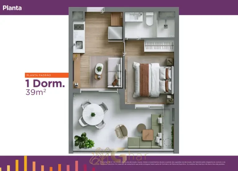 Planta de apartamento de 1 dorm. de 39 m² do condomínio RYT Paulista no bairro da Bela Vista, São Paulo