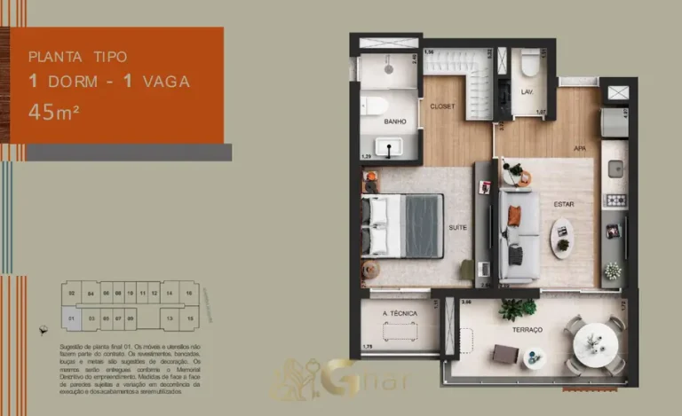 Planta do apartamento de 1 dormitório de 45 m² do condomínio Soma Perdizes no bairro de Perdizes, São Paulo