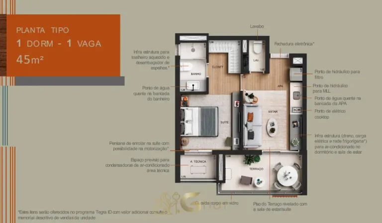Segunda variação da planta do apartamento de 1 dormitório de 45 m² em apartamentos em Perdizes, São Paulo