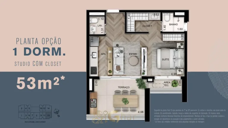 Planta do apartamento de 1 dormitório na configuração studio em apartamentos em Higienópolis, São Paulo