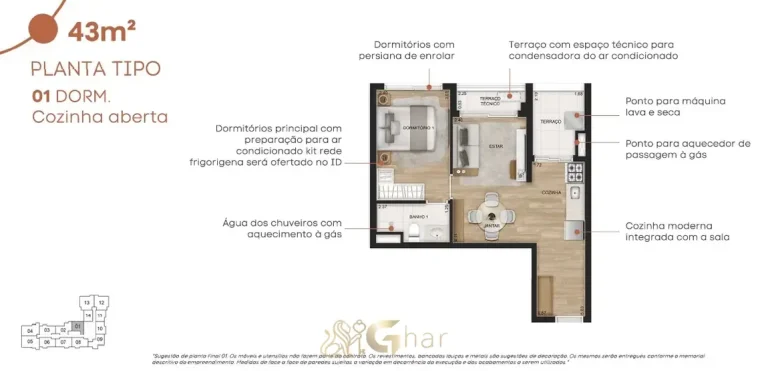 Planta do apartamento de 1 dormitório de 43 m² em apartamentos no bairro do Tatuapé, São Paulo