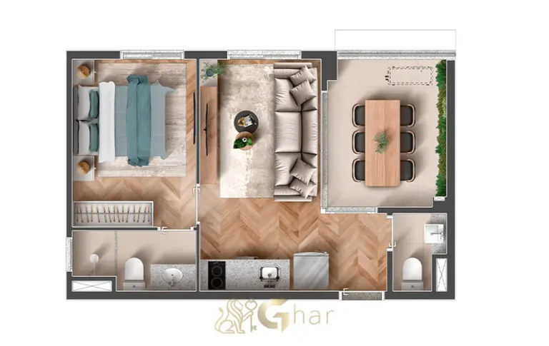 Planta do apartamento de 1 dormitório de 38 m² do condomínio Ode Vila Clementino no bairro da Vila Clementino, São Paulo