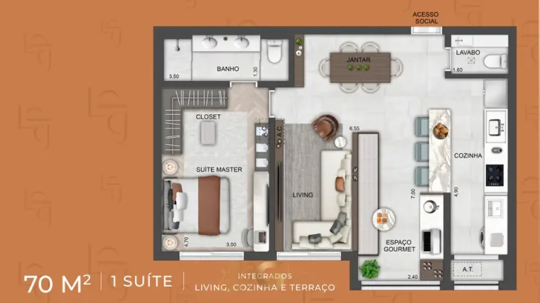 Planta do apartamento de 1 suíte de 70 m² em apartamentos no bairro do Brooklin, São Paulo