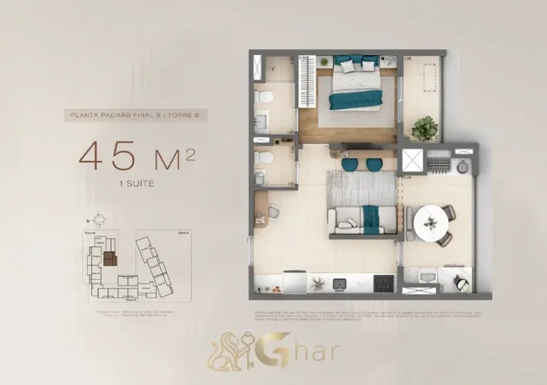 Planta do apartamento de 1 suíte de 45 m² em apartamentos no bairro da Vila Mariana, São Paulo