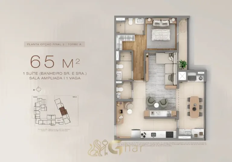 Planta do apartamento de 1 suíte com banheiro Sr. e Sra. de 65 m² em condomínio residencial no bairro da Vila Mariana, na Zona Sul de São Paulo