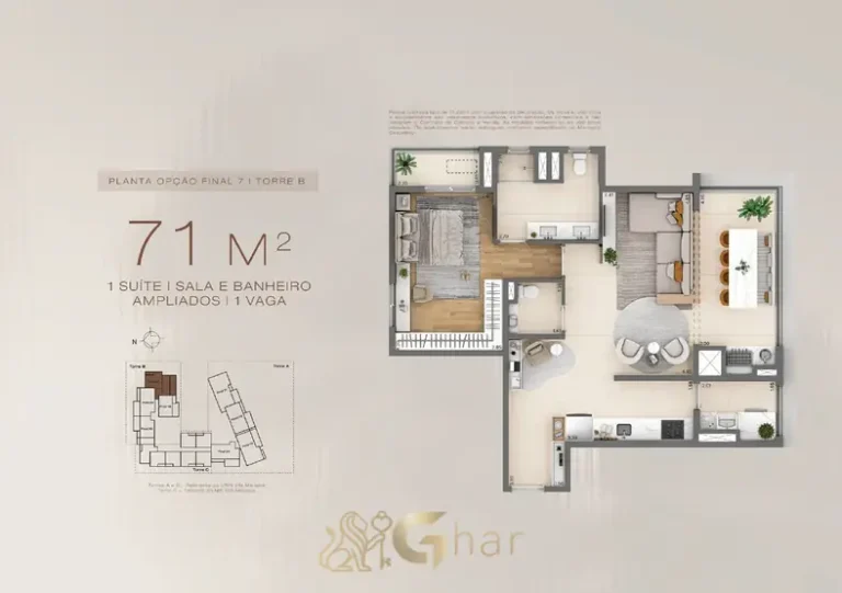 Planta do apartamento de 1 suíte com sala ampliada de 71 m² em apartamentos no bairro da Vila Mariana, São Paulo