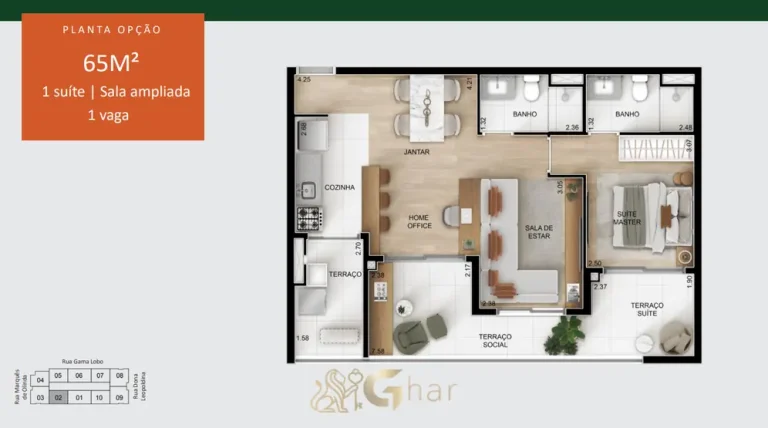 Planta do apartamento de 1 suíte com sala ampliada de 65 m² do condomínio YPY Alto do Ipiranga no bairro do Alto do Ipiranga em São Paulo