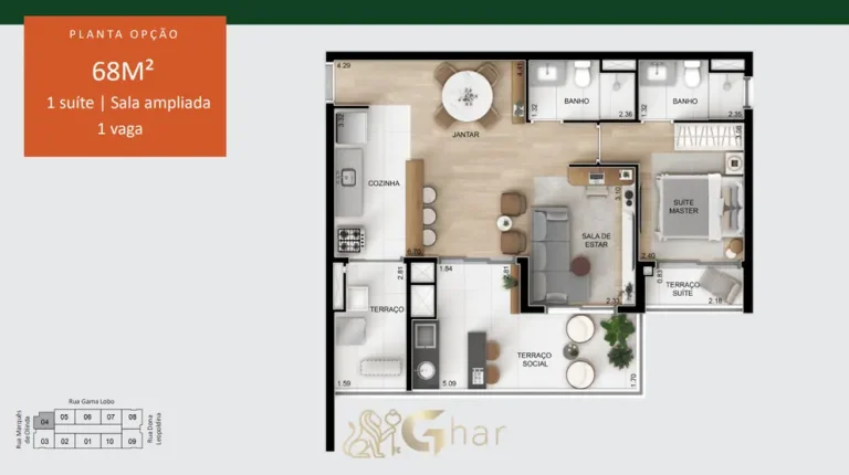 Planta do apartamento de 1 suíte com sala ampliada de 68 m² em apartamentos no bairro do Alto do Ipiranga, São Paulo