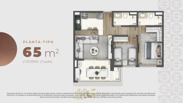Planta do apartamento de 2 dormitórios com 65 m² do condomínio Grand Square no bairro da Praça da Árvore, São Paulo