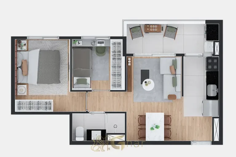 Planta do apartamento de 44 m² em apartamentos no bairro do Paraíso, São Paulo