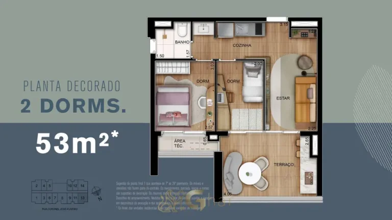 Planta do apartamento de 2 dormitórios de 53 m² do condomínio Ária Higienópolis no bairro de Higienópolis, São Paulo
