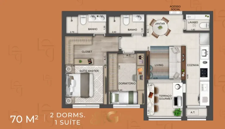 Planta do apartamento de 2 dormitórios de 70 m² em condomínio residencial no bairro do Brooklin, na Zona Sul de São Paulo