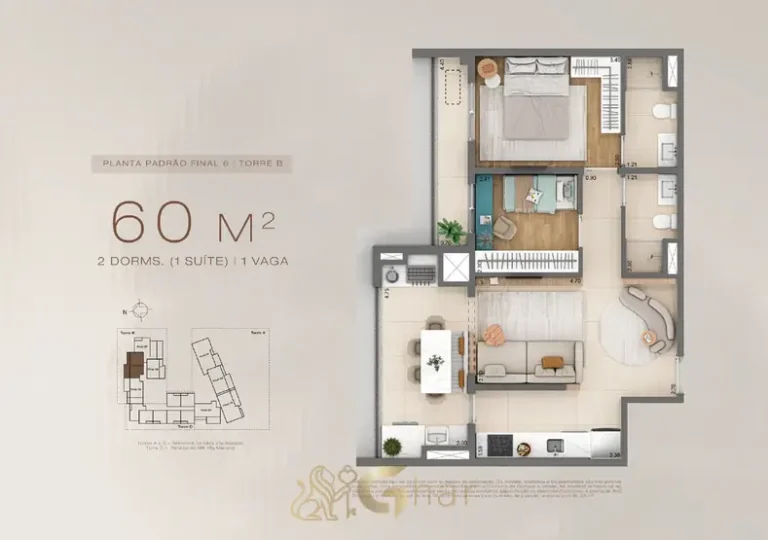 Planta do apartamento de 2 dormitórios de 60 m² em condomínio residencial no bairro da Vila Mariana, na Zona Sul de São Paulo