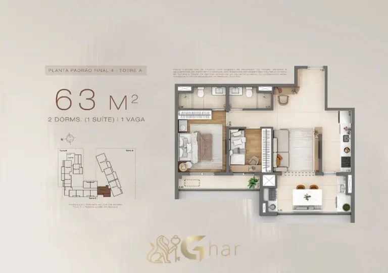 Planta do apartamento de 2 dormitórios de 63 m² do condomínio Linn Vila Mariana no bairro da Vila Mariana, São Paulo
