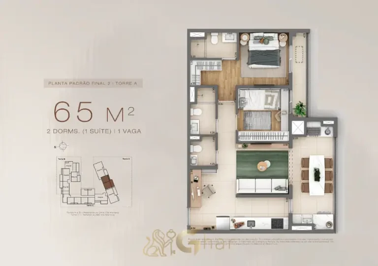 Planta do apartamento de 2 dormitórios de 65 m² em apartamentos no bairro da Vila Mariana, São Paulo