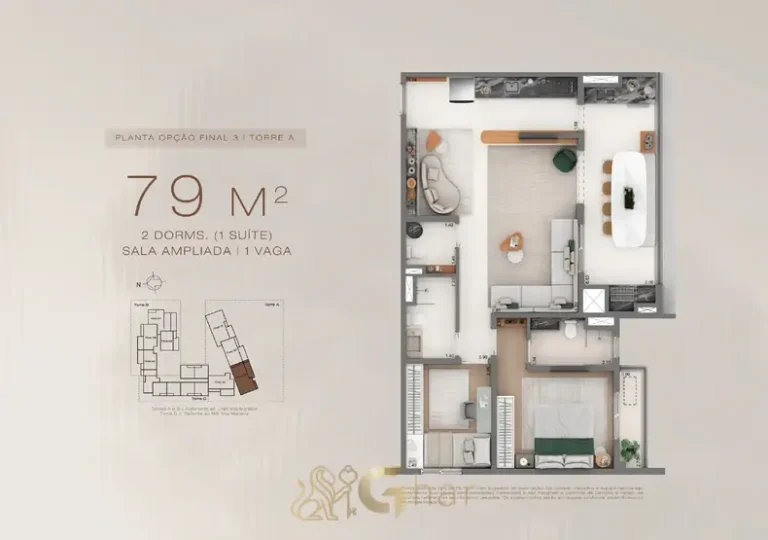 Planta do apartamento de 2 dormitórios com living ampliado de 79 m² em condomínio residencial no bairro da Vila Mariana, na Zona Sul de São Paulo