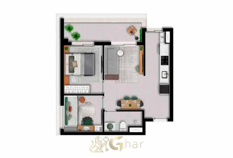 Planta do apartamento de 2 dormitórios de 47 m² com vaga do condomínio Nex One Paraíso no bairro do Paraíso, São Paulo